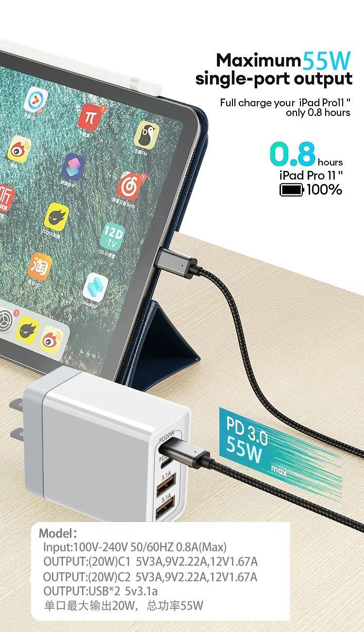 QC3.0 PD Quick charger 55W fast Wall charger plug For AU mobile phone charger Type-c or USB Universal Home office USB C WHITE