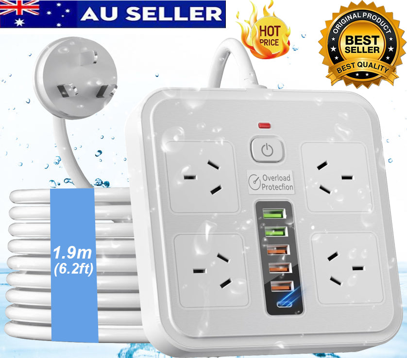 Powerboard USB 10in1 Power Board with Surge Protection Smart USB C Power Board with 4-Outlets Wall Mountable Powerboard with Switch Childproof Design