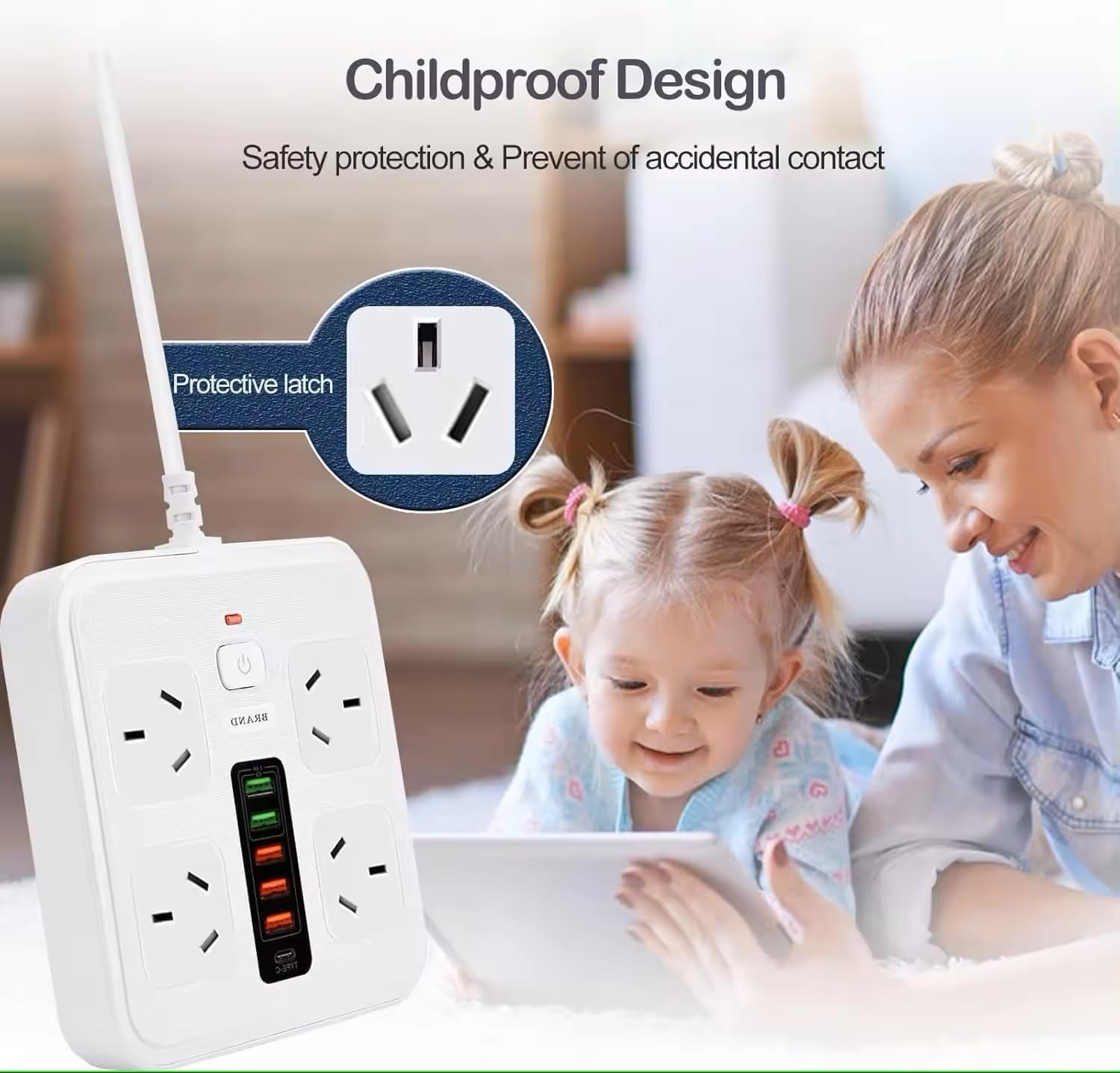 Powerboard USB 10in1 Power Board with Surge Protection Smart USB C Power Board with 4-Outlets Wall Mountable Powerboard with Switch Childproof Design