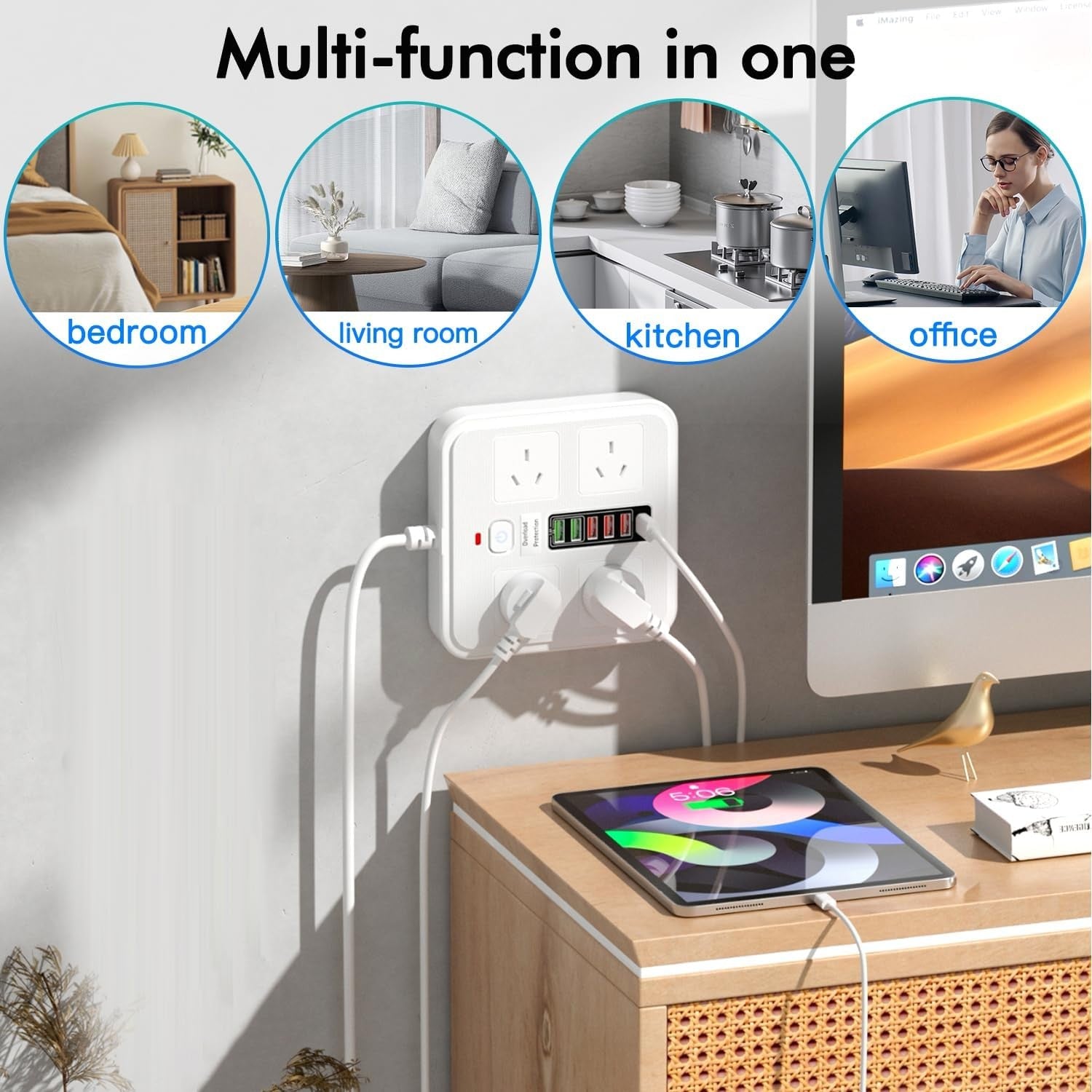 Powerboard USB 10in1 Power Board with Surge Protection Smart USB C Power Board with 4-Outlets Wall Mountable Powerboard with Switch Childproof Design