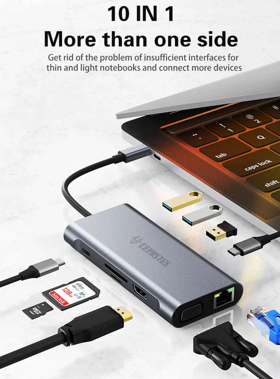 USB C HUB 10 In 1 Docking Station 4K HDMI Type C Adapter VGA RJ45 Ethernet USB 3.0 Ports Type C PD SD/TF Audio HDMI Adapter USB Splitter USB Expander