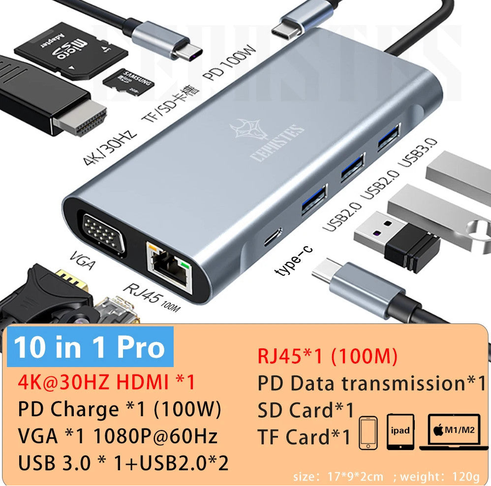 USB C HUB 10 In 1 Docking Station 4K HDMI Type C Adapter VGA RJ45 Ethernet USB 3.0 Ports Type C PD SD/TF Audio HDMI Adapter USB Splitter USB Expander