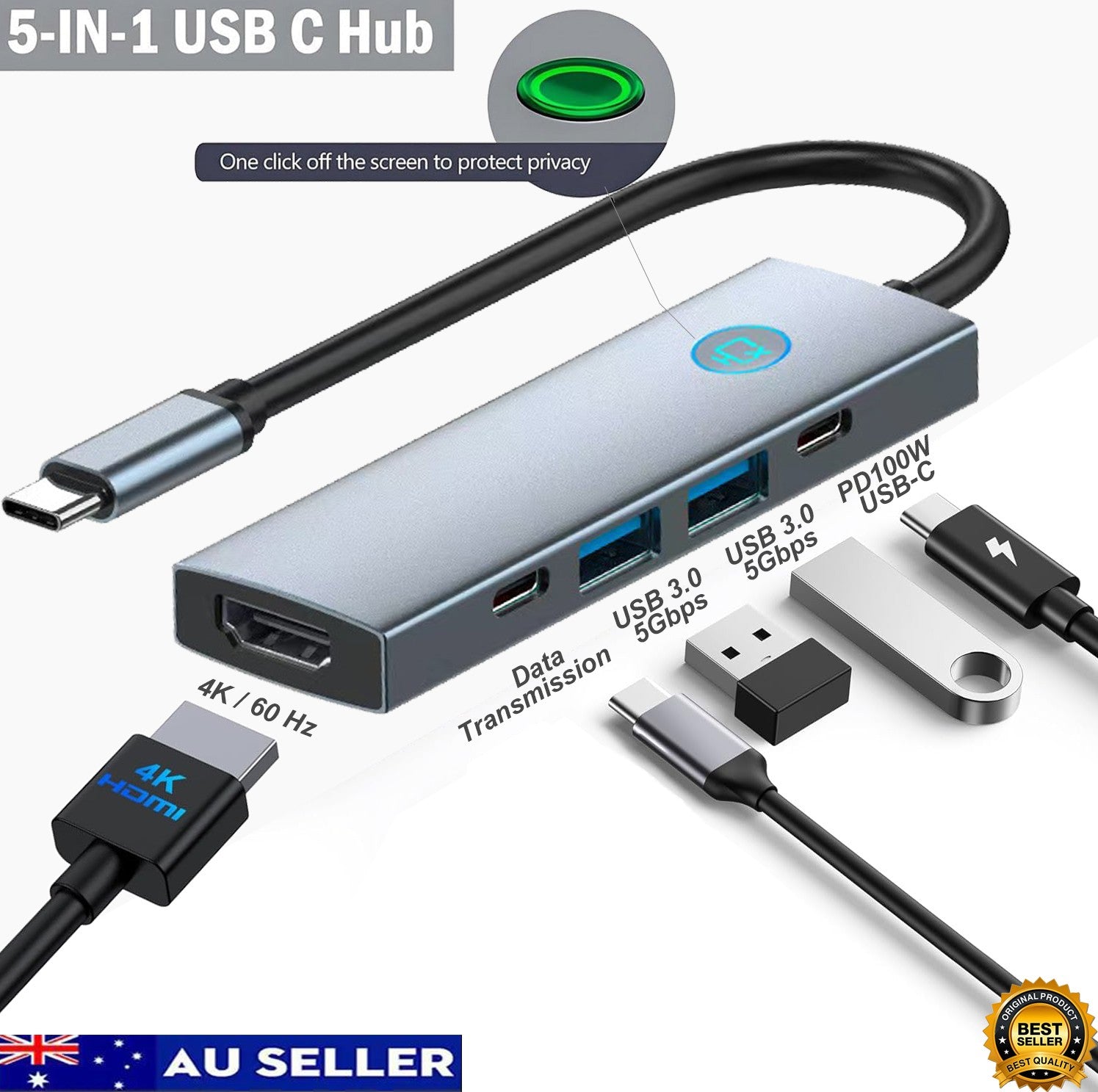 USB C Hub 5 in 1 Docking Station 4K@60Hz One Click Screen Projection One Click Screen Rest USB C to HDMI Splitter Multiport USB Adapter USB Splitter