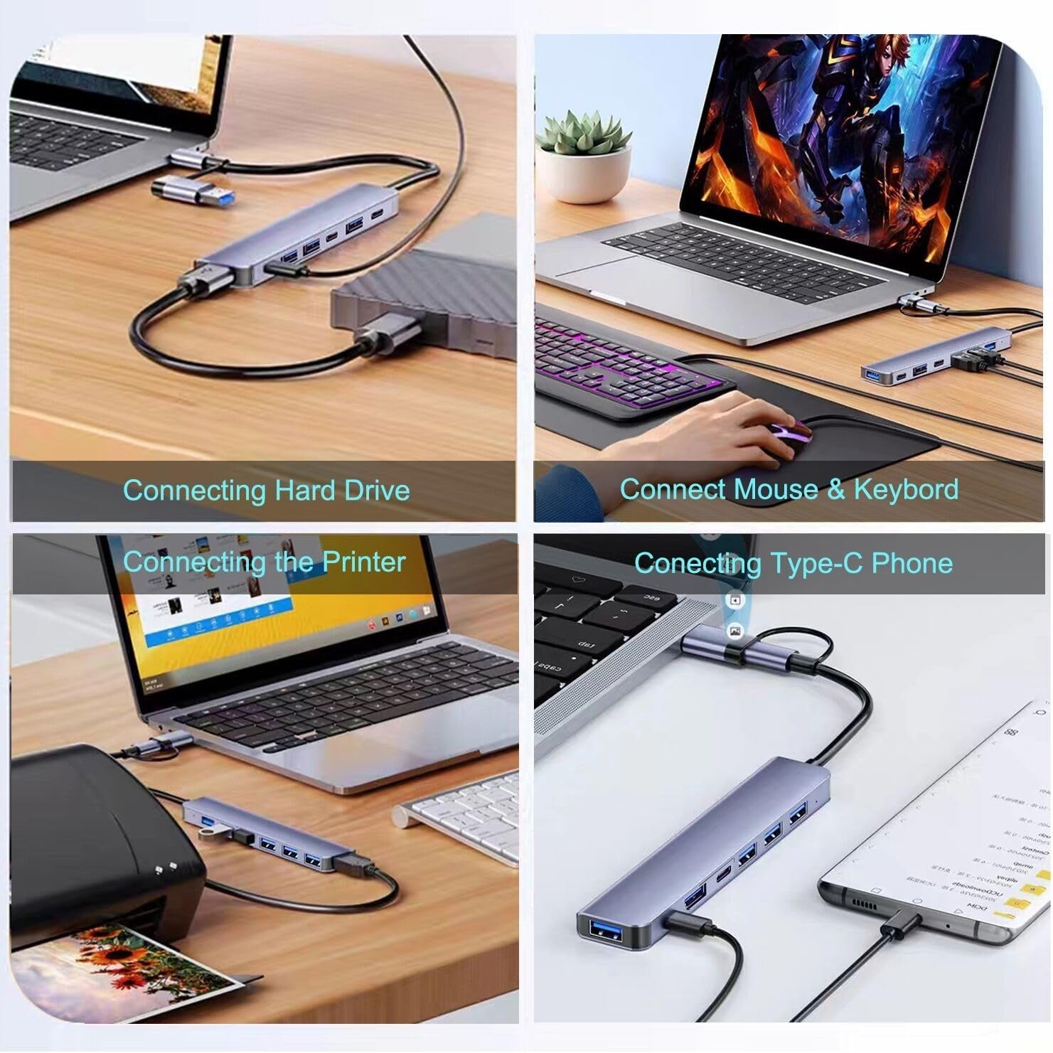 USB C Hub 7 in 1 USB Hub Aluminum USB C & USB Hub with USB 3.0 USB 2.0 Ports for PC/Laptops/MacBook Pro/Air/iMac/iPad and More Devices