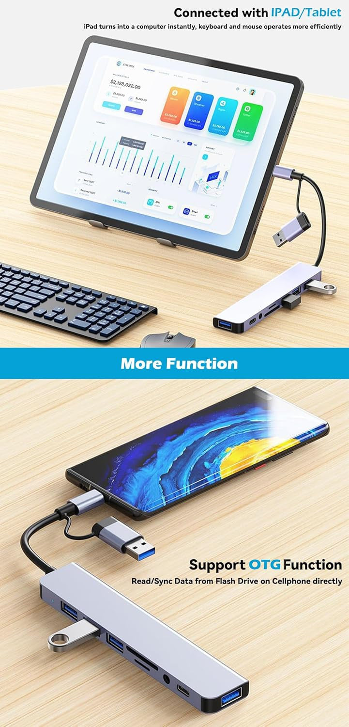 USB C Hub USB Splitter 8 in 2 USB Extender with 4 USB Port 1 USB C Jack TF/SD Card Reader 3.5mm Audio Output for MacBook / iPad / iPhone / Laptop