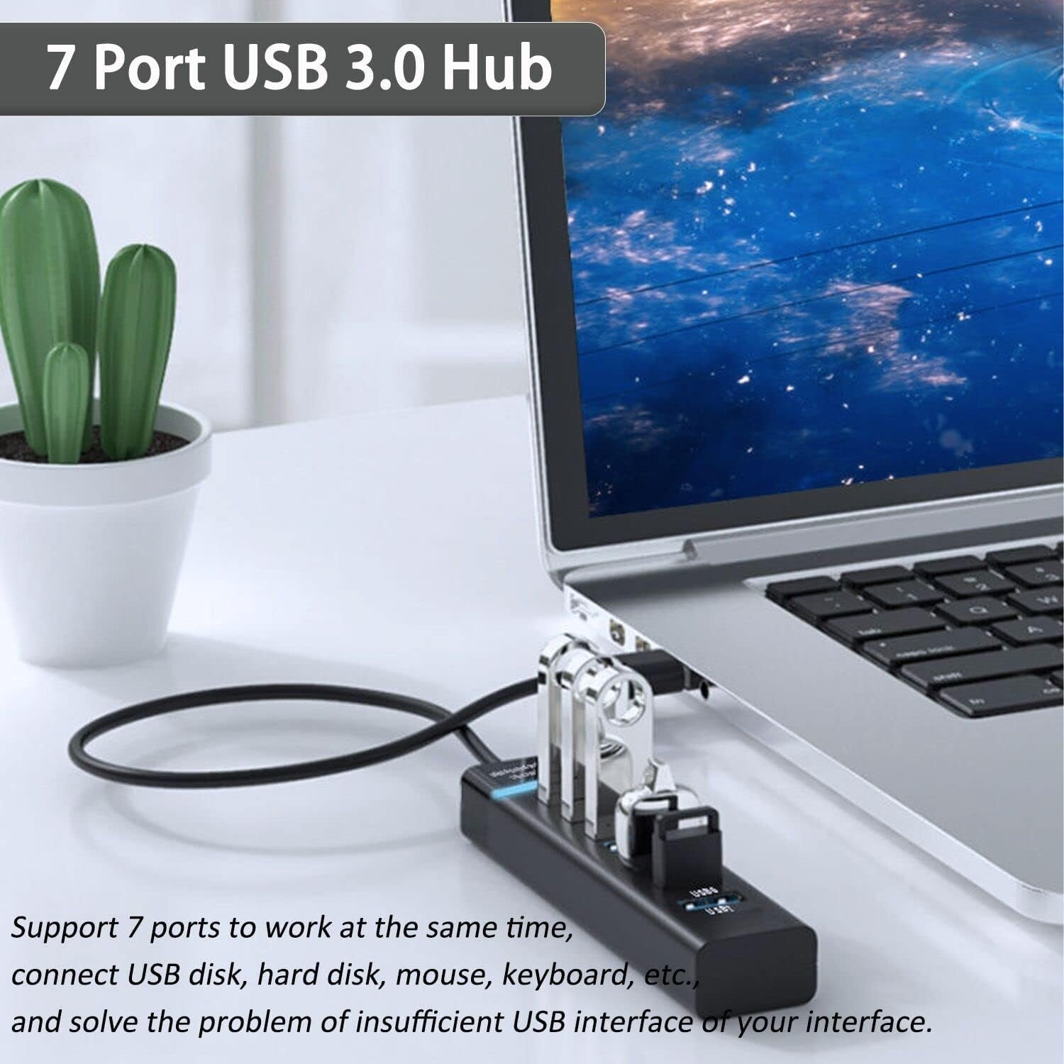 USB Hub 3.0 7-Ports USB Hub Splitter Extender 5Gbps Data with 4ft Cable for Laptop, PC, MacBook, Surface Pro, Windows, Flash Drive, Mobile HDD