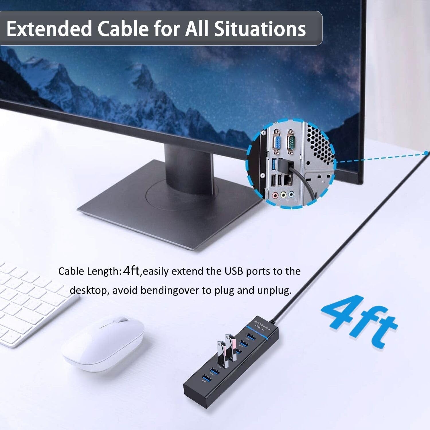 USB Hub 3.0 7-Ports USB Hub Splitter Extender 5Gbps Data with 4ft Cable for Laptop, PC, MacBook, Surface Pro, Windows, Flash Drive, Mobile HDD