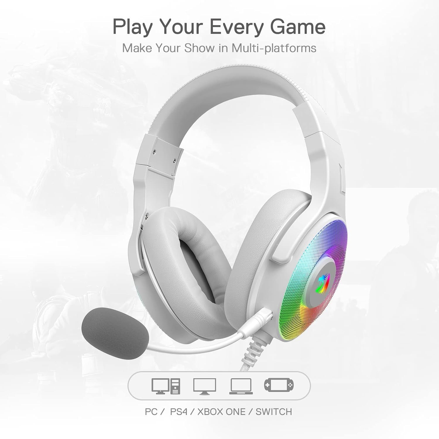 Redragon H350 White Wired Gaming Headset 50MM Drivers Dynamic RGB Backlight Over-Ear Headphones,White