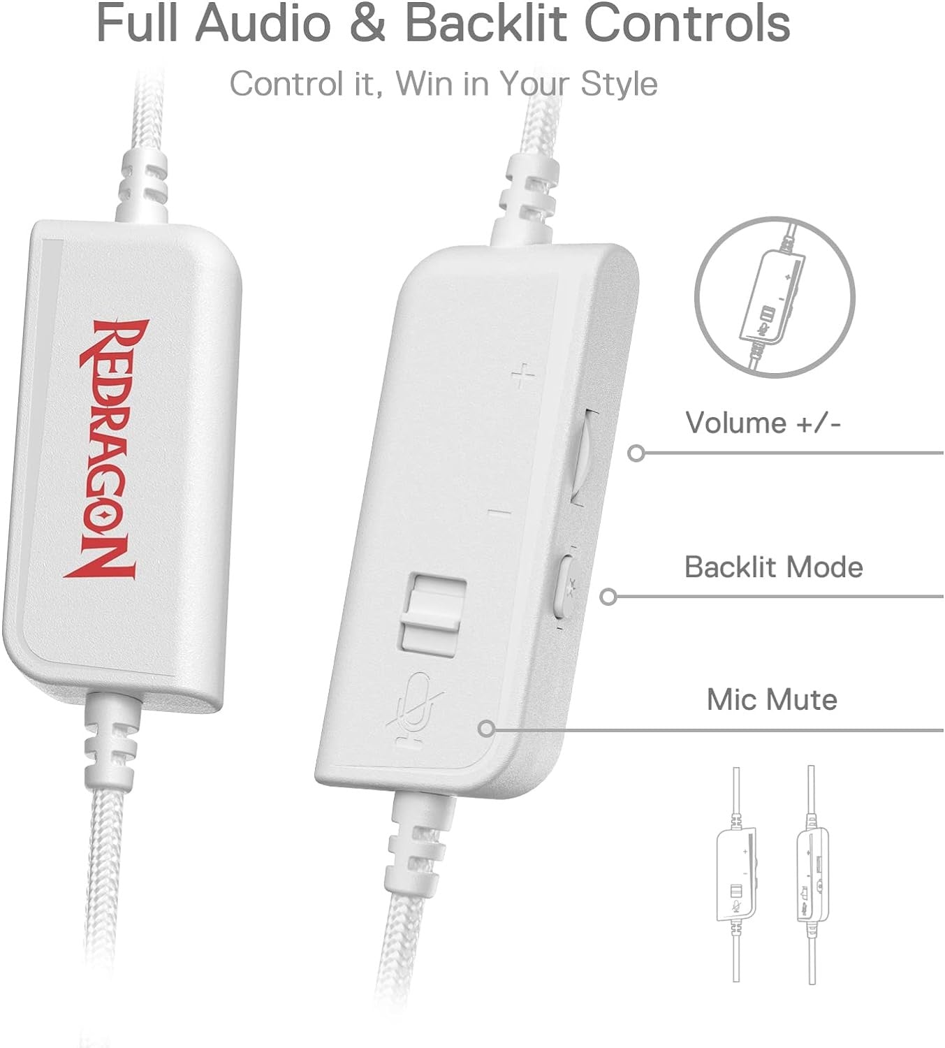 Redragon H350 White Wired Gaming Headset 50MM Drivers Dynamic RGB Backlight Over-Ear Headphones,White