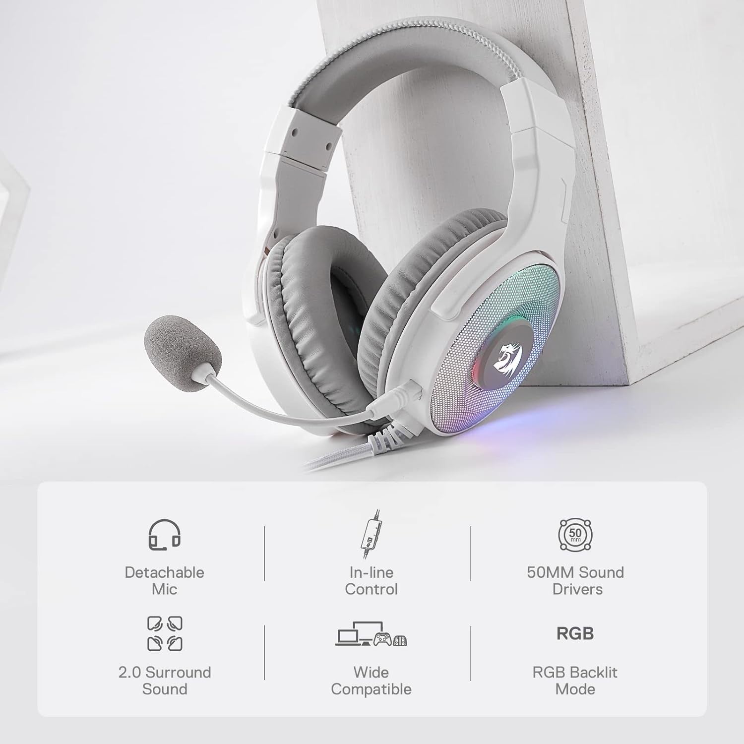 Redragon H350 White Wired Gaming Headset 50MM Drivers Dynamic RGB Backlight Over-Ear Headphones,White