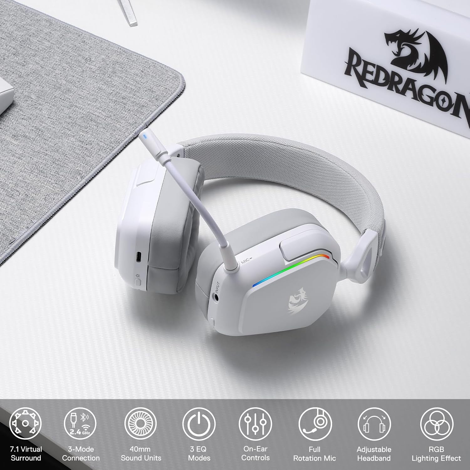 Redragon H868 3-Mode Wireless RGB 7.1 Surround Sound 40 mm Drivers Noise-canceling Microphone Over-Ear Headphones Gaming Headset