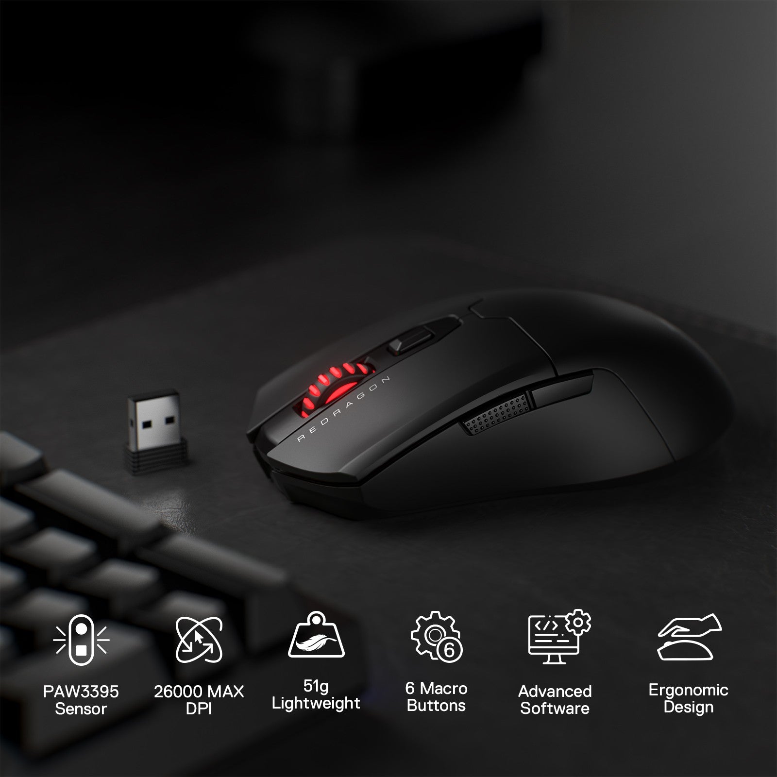 Redragon M995 Pro Wireless Gaming Mouse, 26000 DPI Wired/Wireless Gamer Mouse,50G BT & 2.4G Wireless, 6 Macro Buttons