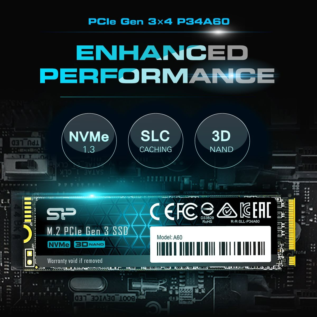 Silicon Power 512GB P34A60 Gen3x4 TLC R/W up to 2,200/1,600 MB/s PCIe M.2 NVMe SSD