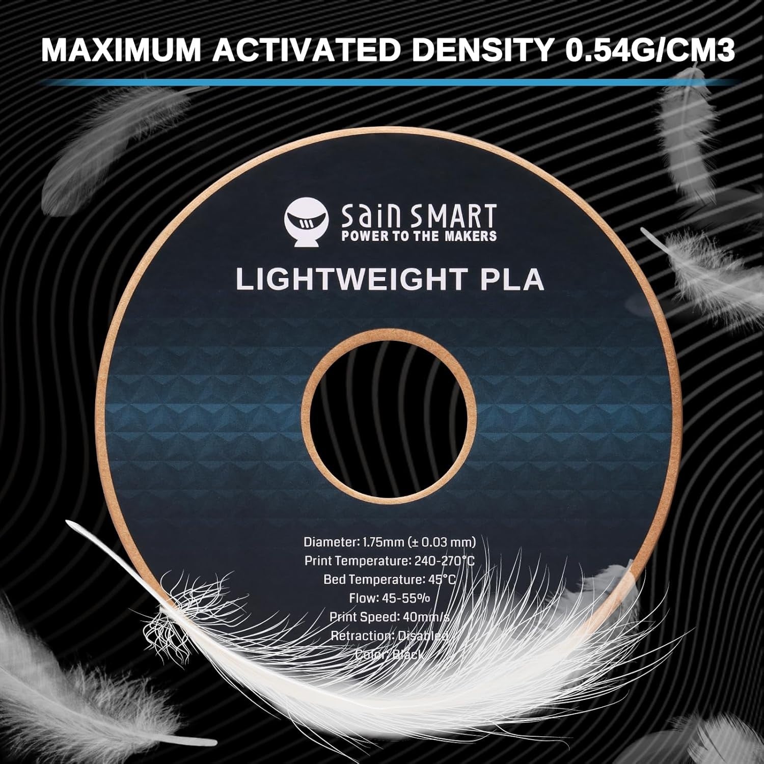 SainSmart Light Weight Filament 1.75mm, LW-PLA Low-Density Active Foaming 3D Printer Filament for RC Planes Drone Parts and Cosplay, Black PLA Filamen