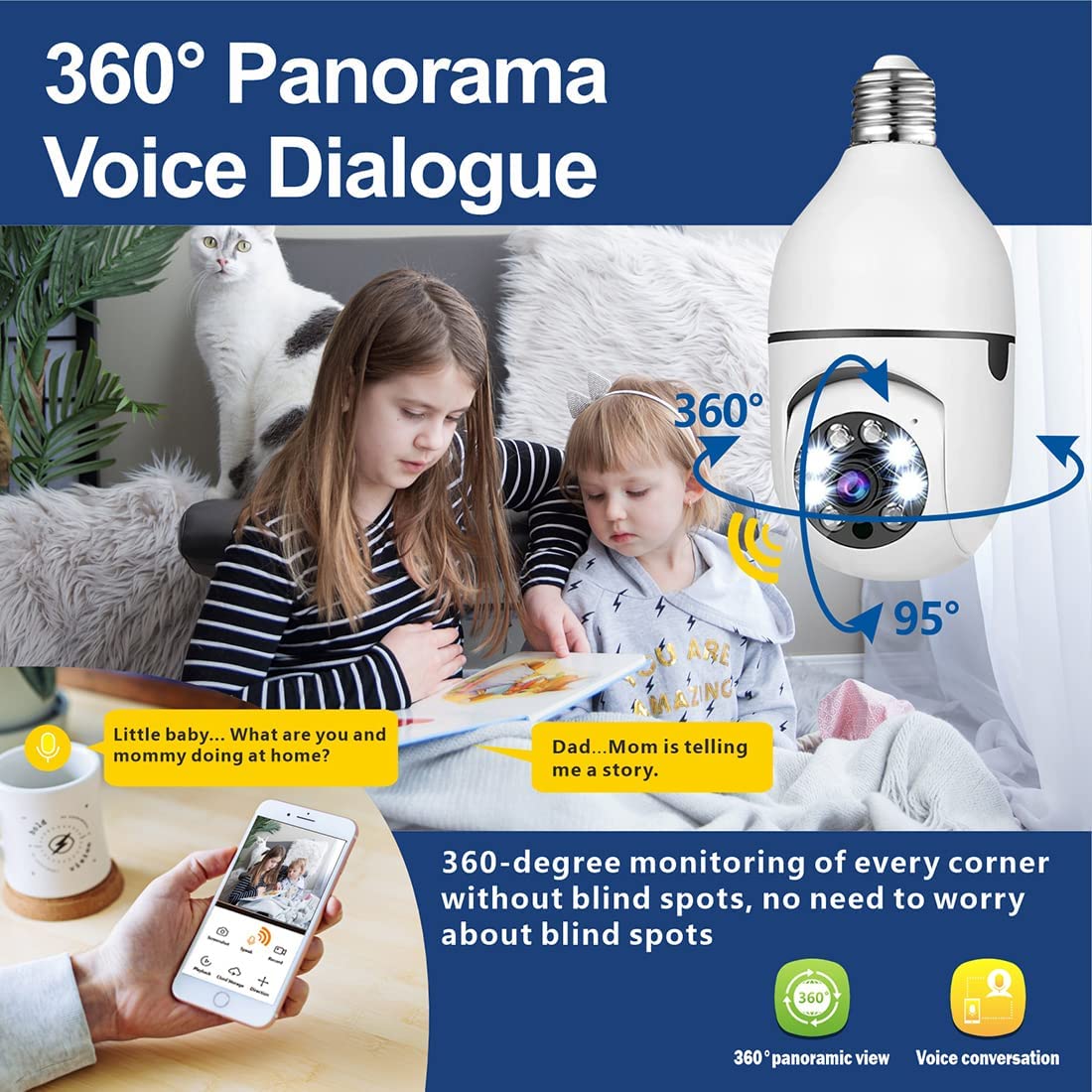 Security Camera Light Bulb Camera 1080P Color Night Vision 2.4GHz WiFi Home Surveillance Cameras E27 Two-Way Audio Works with Alexa Google