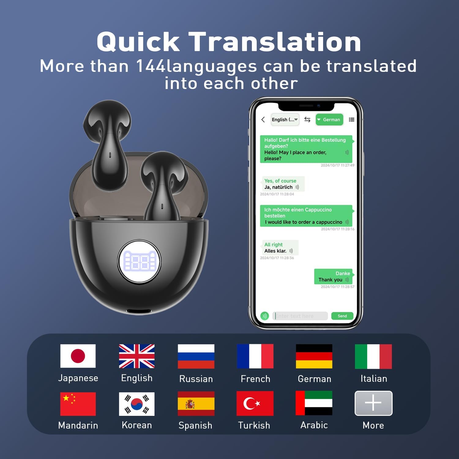 AI Language Translation Earbuds - Translation Earbuds Real Time, 144 Languages Online Translation, Two-Way Translator with APP for iOS Android