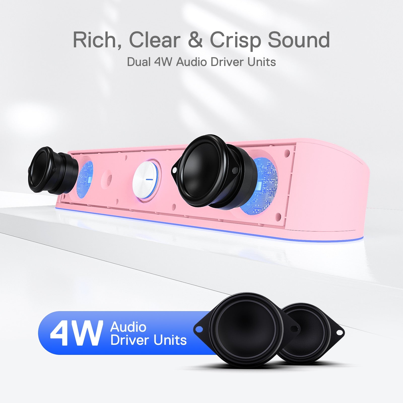 Redragon GS560 Adiemus RGB Desktop Soundbar, 2.0 Channel Computer Speaker with Dynamic Lighting Bar Audio-Light Sync/Display, Pink