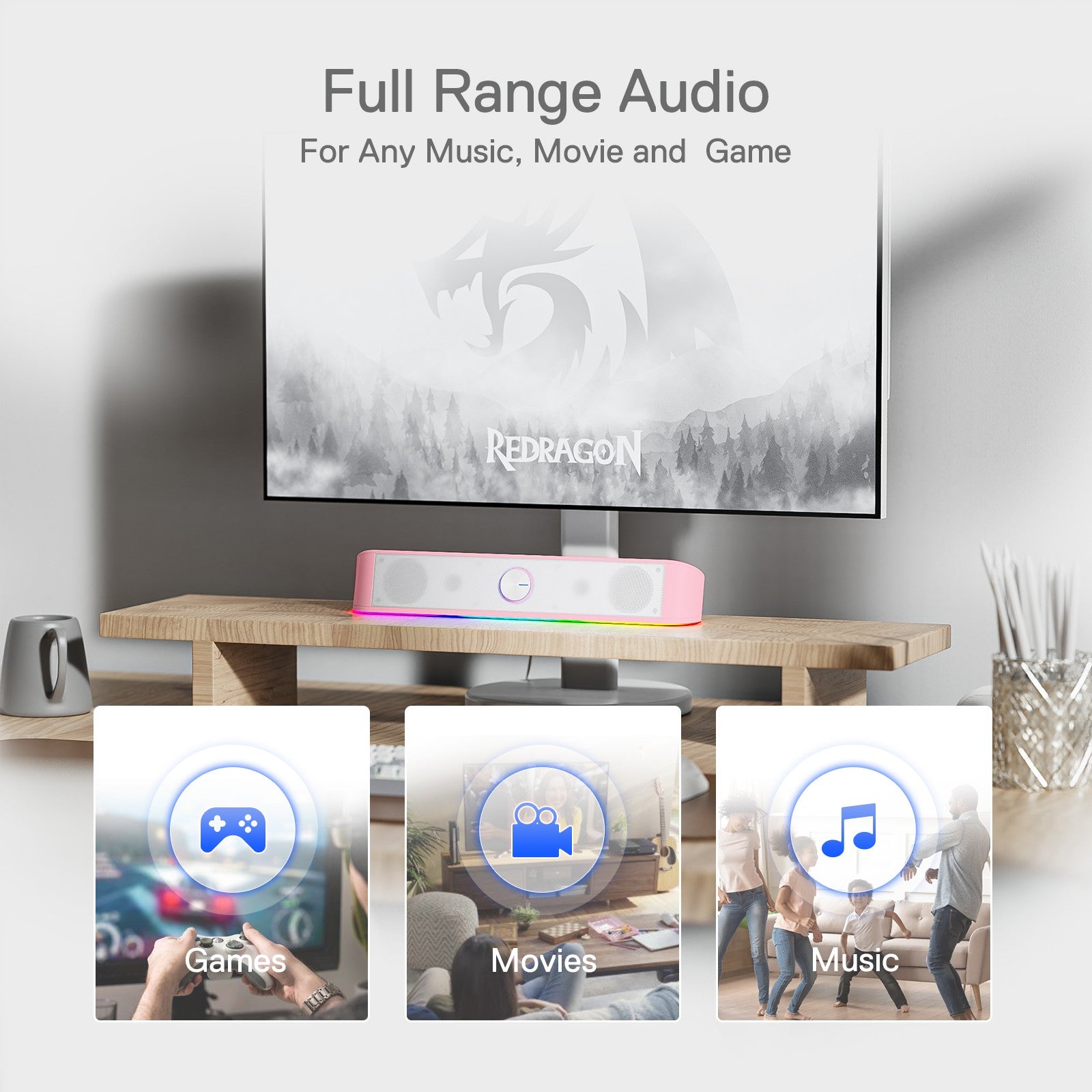 Redragon GS560 Adiemus RGB Desktop Soundbar, 2.0 Channel Computer Speaker with Dynamic Lighting Bar Audio-Light Sync/Display, Pink