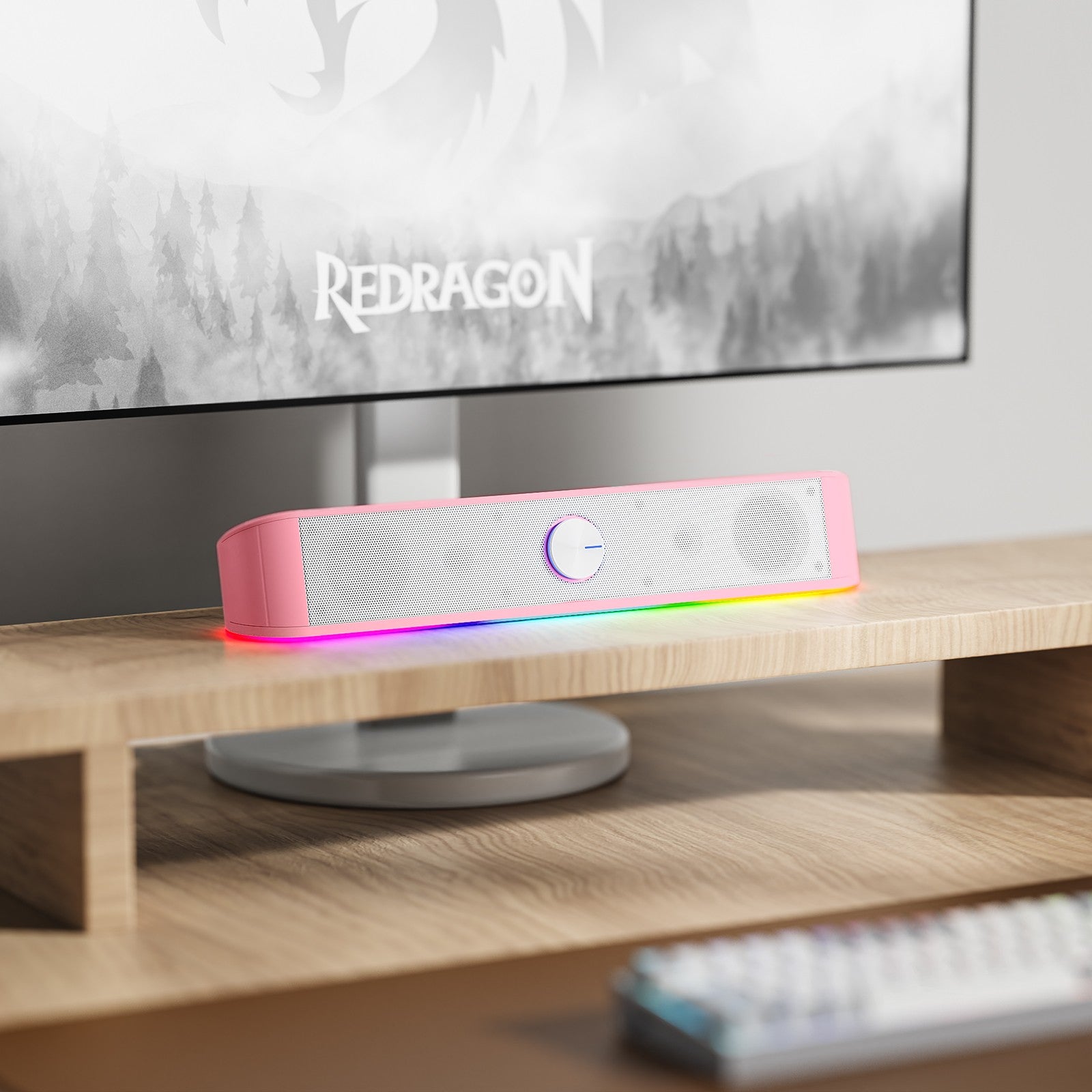 Redragon GS560 Adiemus RGB Desktop Soundbar, 2.0 Channel Computer Speaker with Dynamic Lighting Bar Audio-Light Sync/Display, Pink