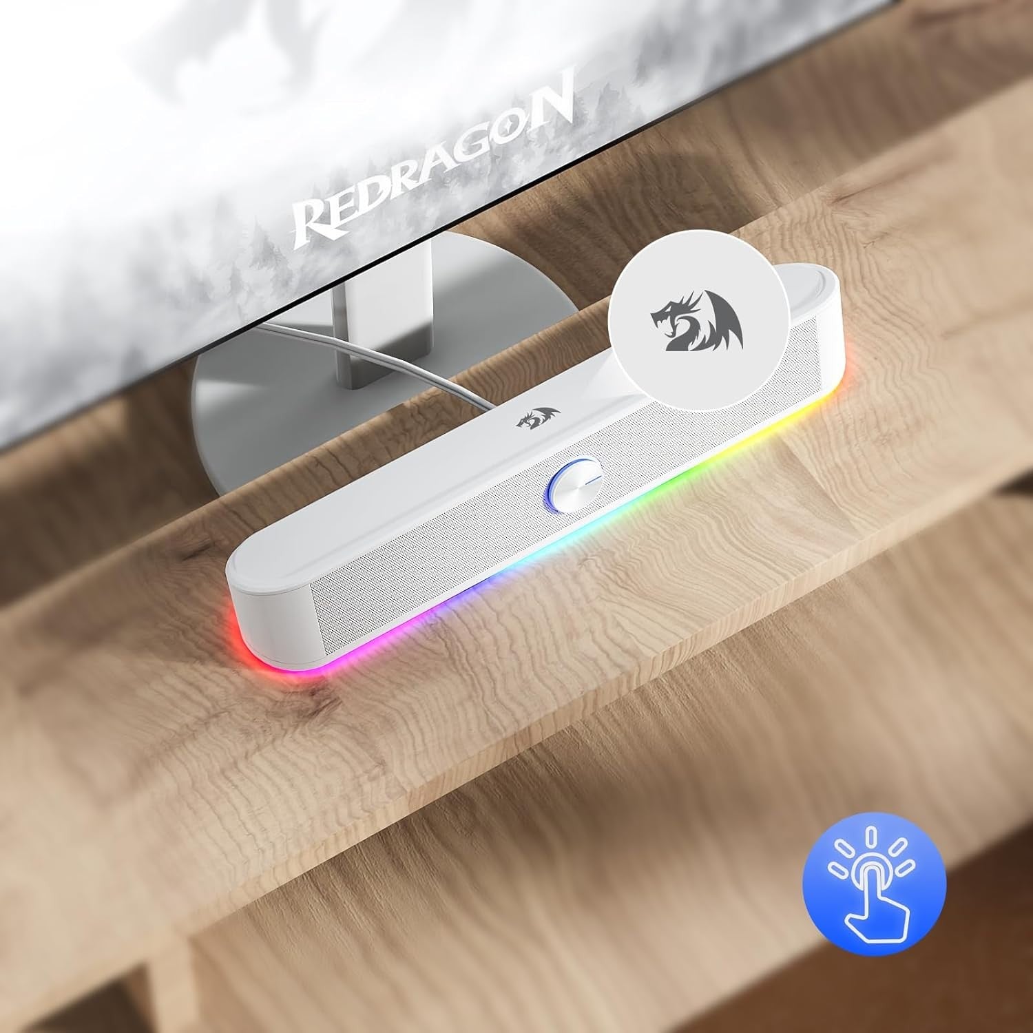 Redragon GS560 Adiemus RGB Desktop Soundbar, 2.0 Channel Computer Speaker with Dynamic Lighting Bar Audio-Light Sync/Display, White