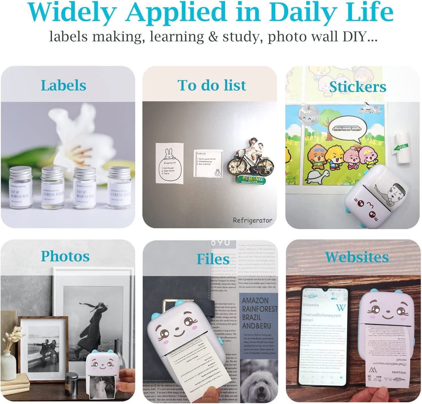 Mini Printer Portable Thermal Printer for Smartphones Wireless Bluetooth Pocket Printers 6 Rolls Paper Inkless Tiny Printer for kids students