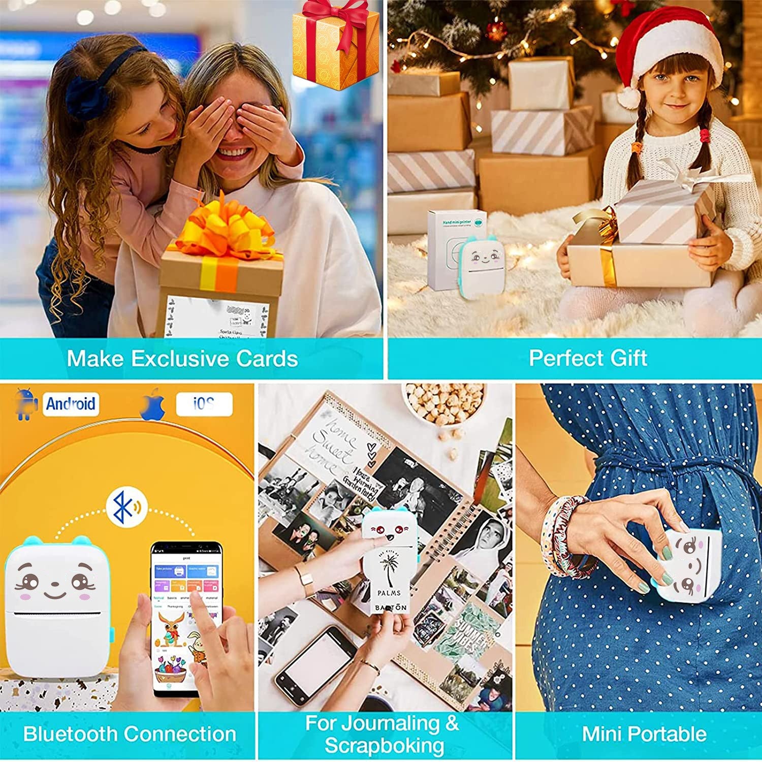 Mini Printer Portable Thermal Printer for Smartphones Wireless Bluetooth Pocket Printers 6 Rolls Paper Inkless Tiny Printer for kids students