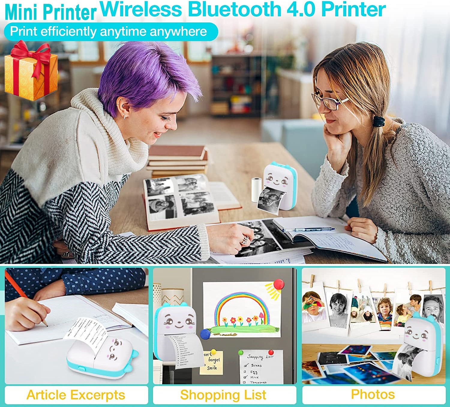 Mini Printer Portable Thermal Printer for Smartphones Wireless Bluetooth Pocket Printers 6 Rolls Paper Inkless Tiny Printer for kids students