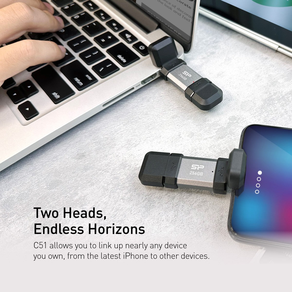 Silicon Power 256GB Mobile C51 USB Type A + Type C 2-in-1 Flash Drive PC/Mac/iPhone/PS5