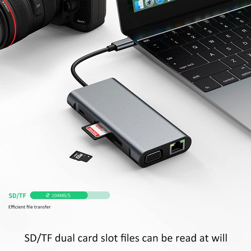 USB C HUB, USB C Adapter 10 in 1 Dongle with 4K HDMI, VGA, Type C PD, USB3.0/2.0, RJ45 Ethernet, SD/TF Card Reader Docking Station