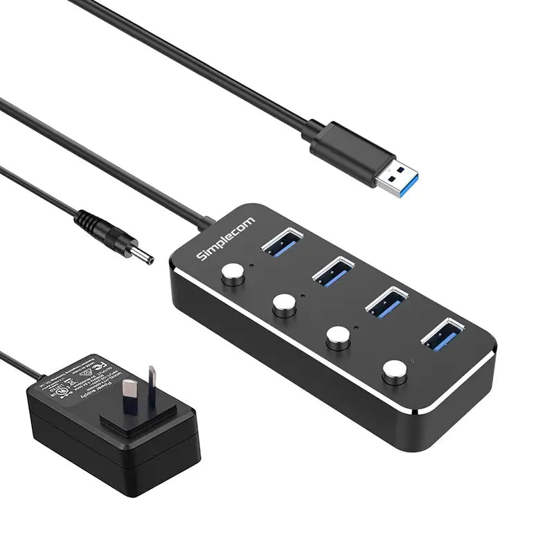 Simplecom 4 Port Aluminium USB 3.0 Hub with Individual Switches and Power Adapter