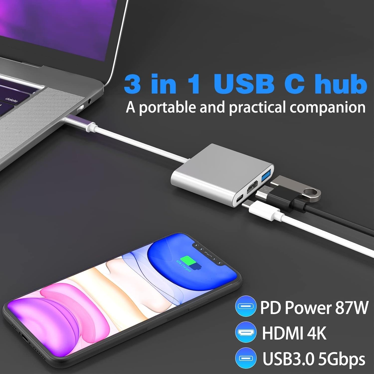 USB C to HDMI Adapter 4K 3 in 1 Type C HDMI Adapter with USB 3.0 Type C PD Charging Port USB C Hub USB-C to HDMI Adapter and USB-C Charging Port