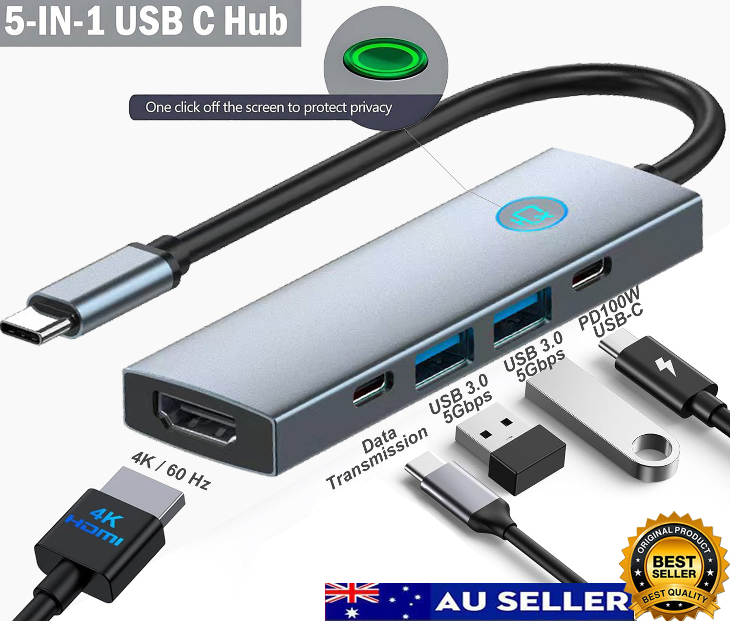 USB C Hub 5 in 1 Docking Station 4K@60Hz One Click Screen Projection One Click Screen Rest USB C to HDMI Splitter Multiport USB Adapter USB Splitter