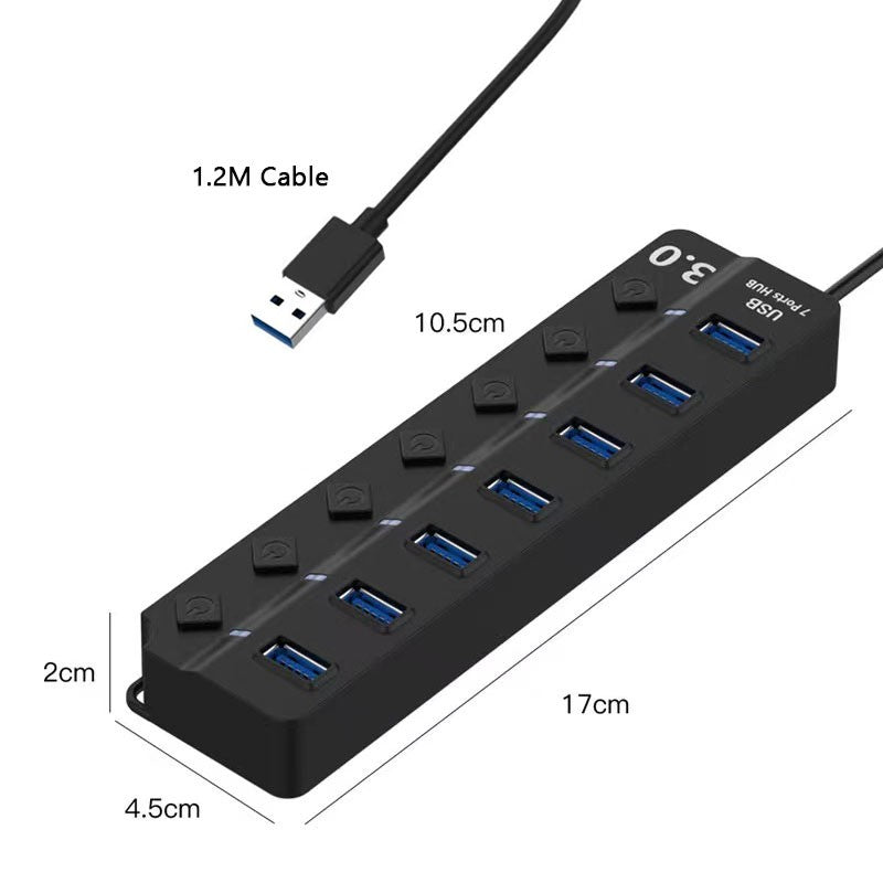 USB Hub 3.0 Splitter with Individual On/Off Switches and Lights 1.2m Cable USB Extension 7-Port USB Black