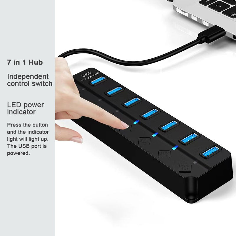 USB Hub 3.0 Splitter with Individual On/Off Switches and Lights 1.2m Cable USB Extension 7-Port USB Black