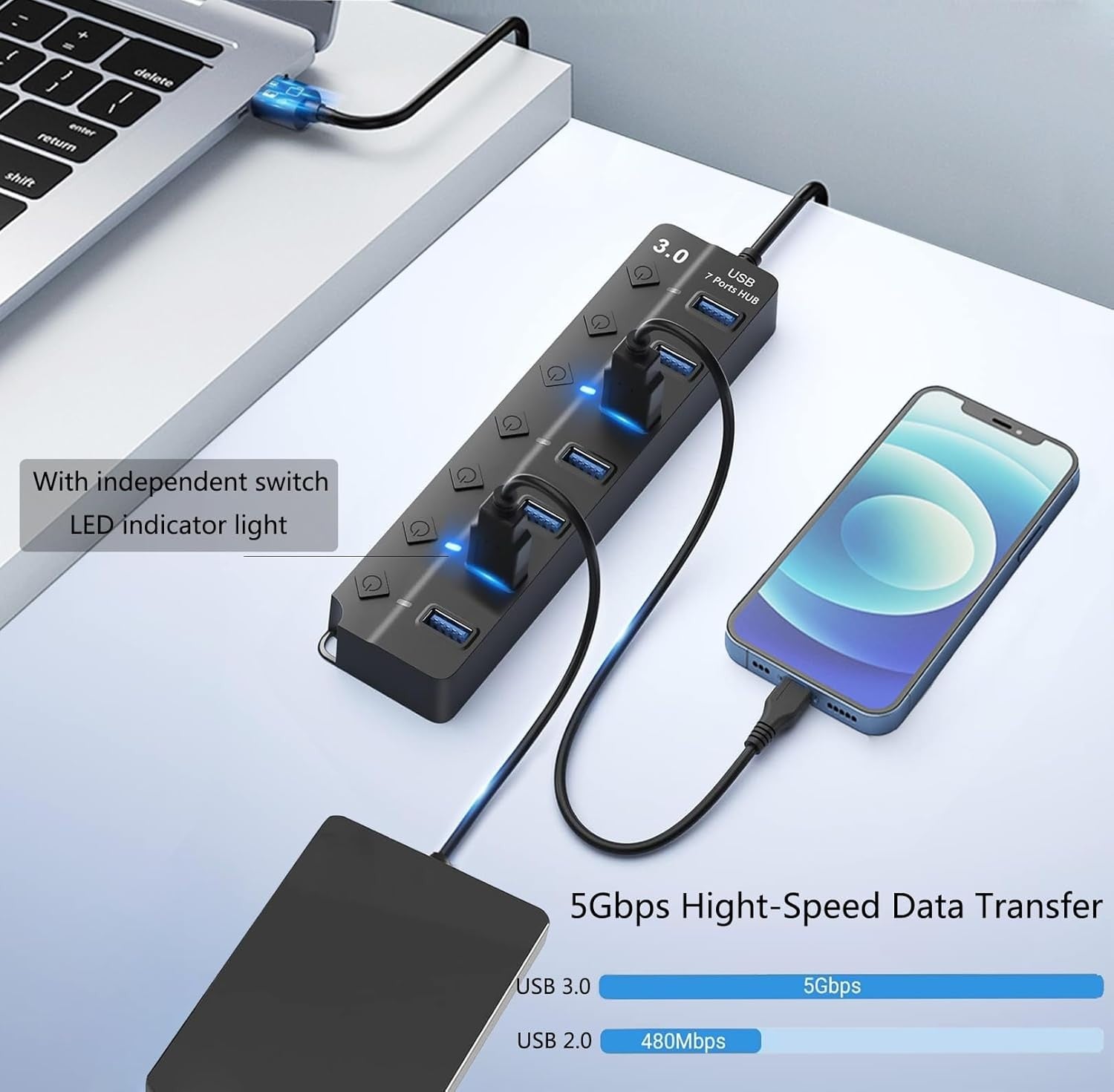 USB Hub 3.0 USB Hub Splitter 7-Port USB Extension with Individual On/Off Switches and Lights 4ft Long Cable USB 3.0 Hub Splitter
