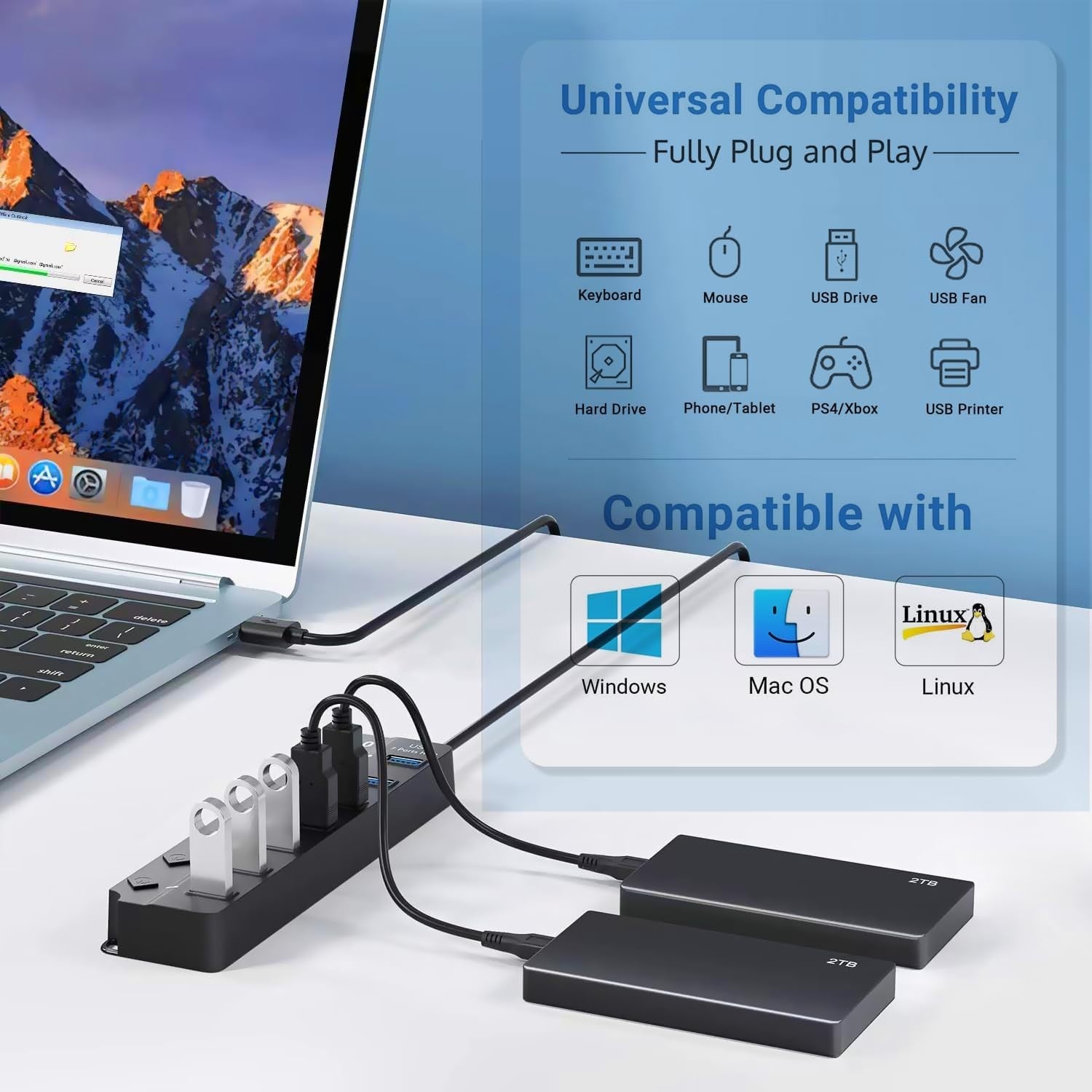 USB Hub 3.0 USB Hub Splitter 7-Port USB Extension with Individual On/Off Switches and Lights 4ft Long Cable USB 3.0 Hub Splitter