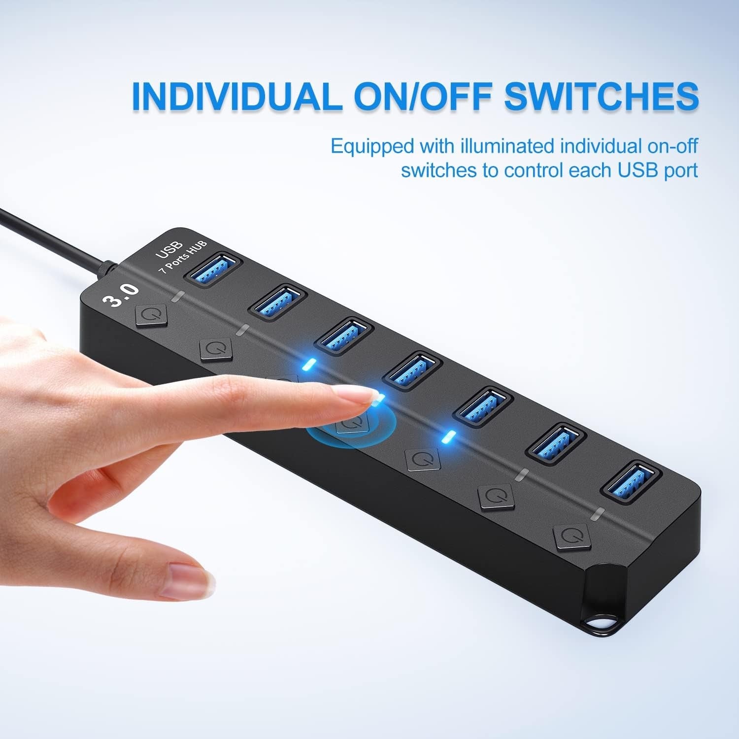 USB Hub 3.0 USB Hub Splitter 7-Port USB Extension with Individual On/Off Switches and Lights 4ft Long Cable USB 3.0 Hub Splitter