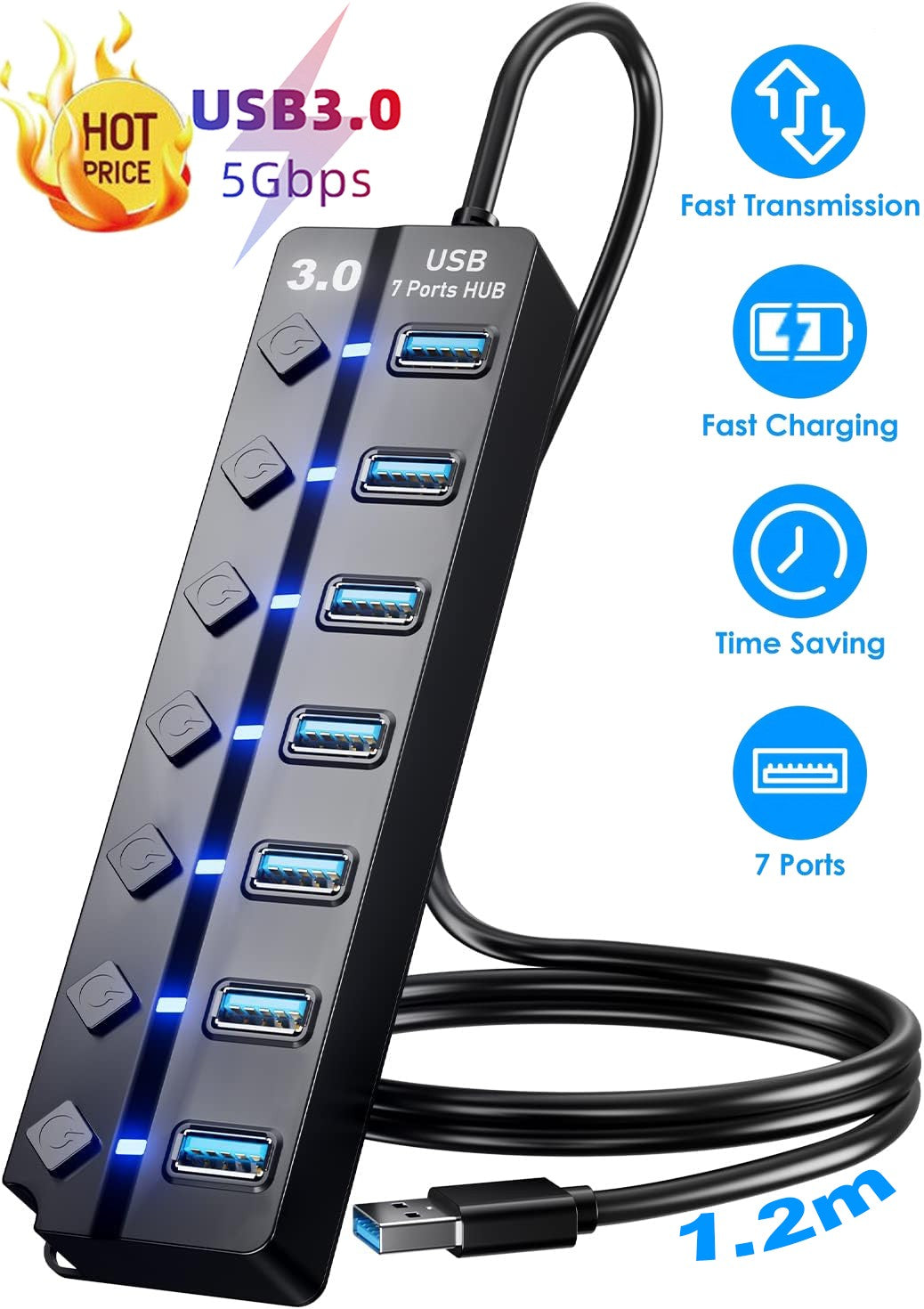 USB Hub 3.0 USB Hub Splitter 7-Port USB Extension with Individual On/Off Switches and Lights 4ft Long Cable USB 3.0 Hub Splitter