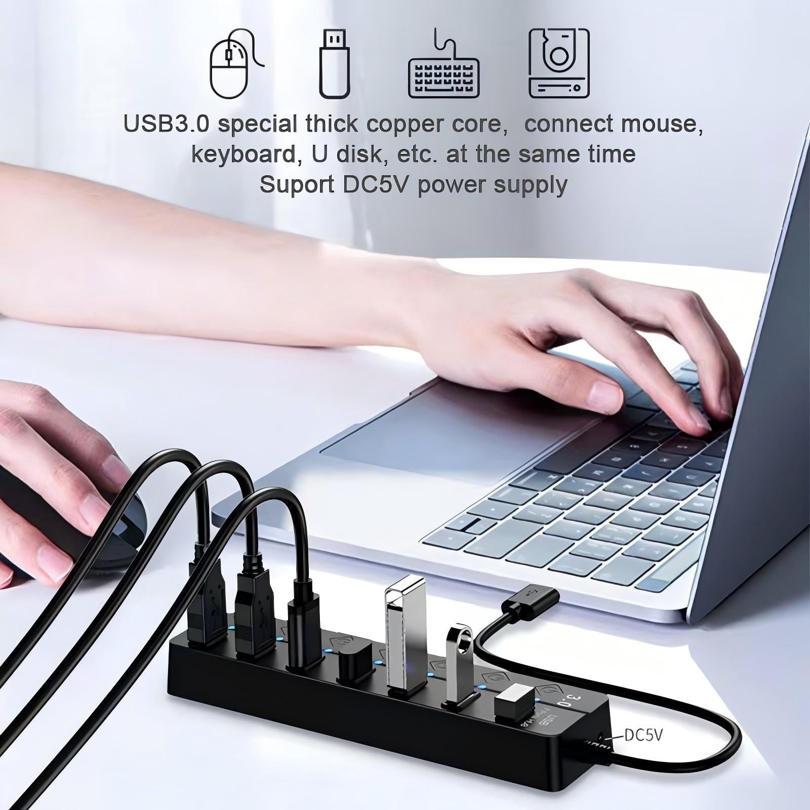 USB Hub 3.0 Splitter with Individual On/Off Switches and Lights 30cm Cable USB Extension 7-Port USB Black