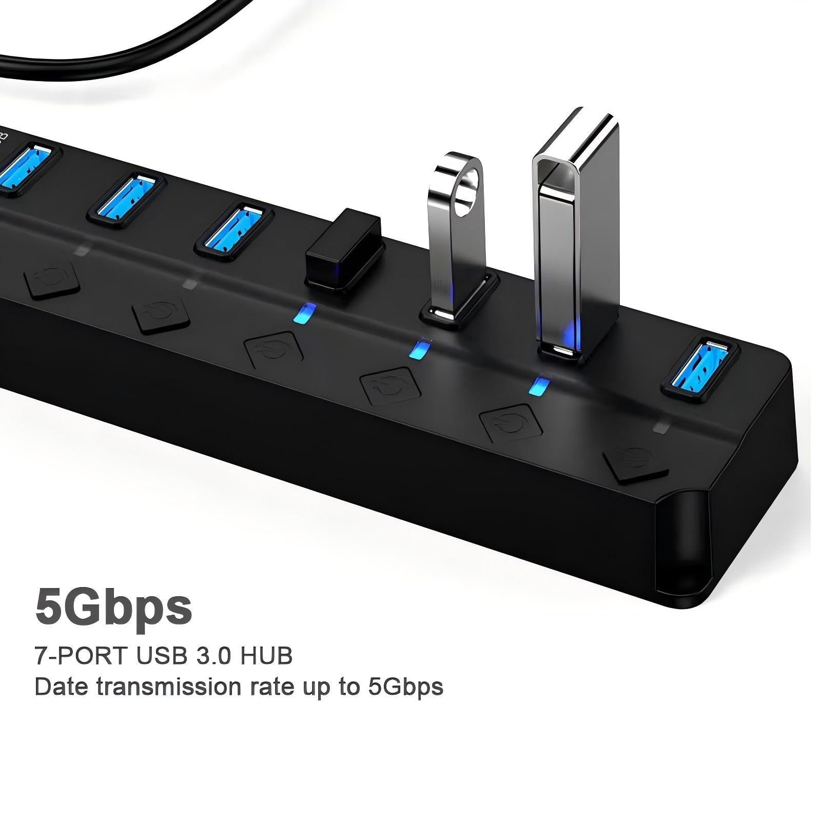 USB Hub 3.0 Splitter with Individual On/Off Switches and Lights 30cm Cable USB Extension 7-Port USB Black