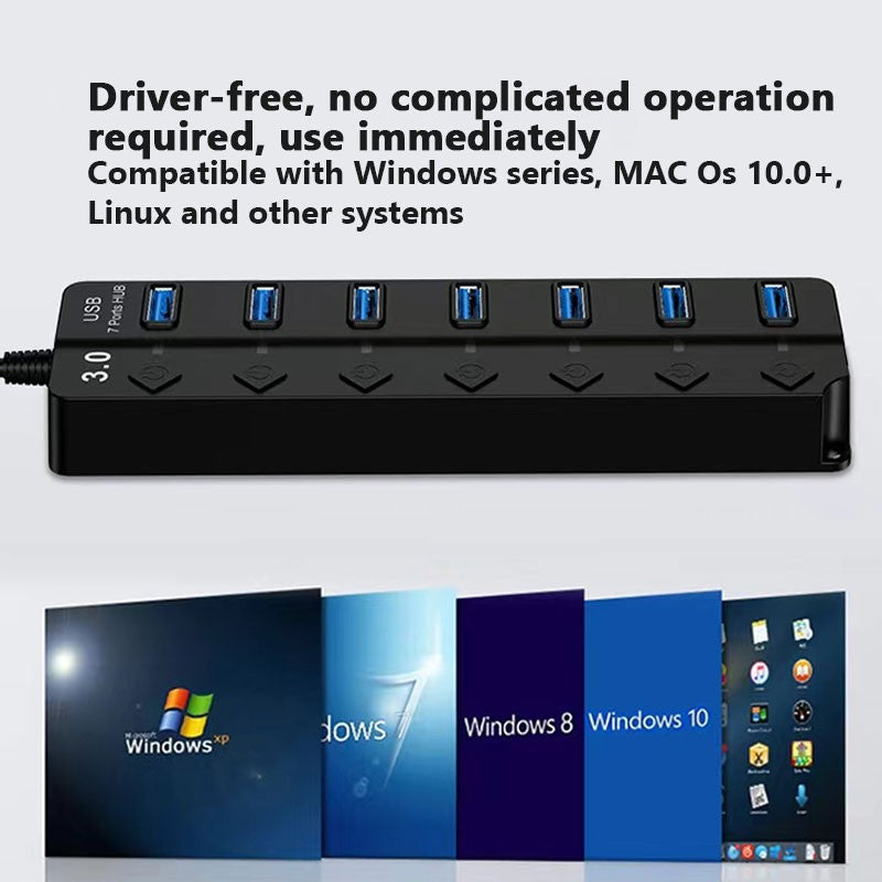 USB Hub 3.0 Splitter with Individual On/Off Switches and Lights 30cm Cable USB Extension 7-Port USB Black