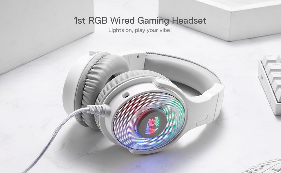 Redragon H350 White Wired Gaming Headset 50MM Drivers Dynamic RGB Backlight Over-Ear Headphones,White