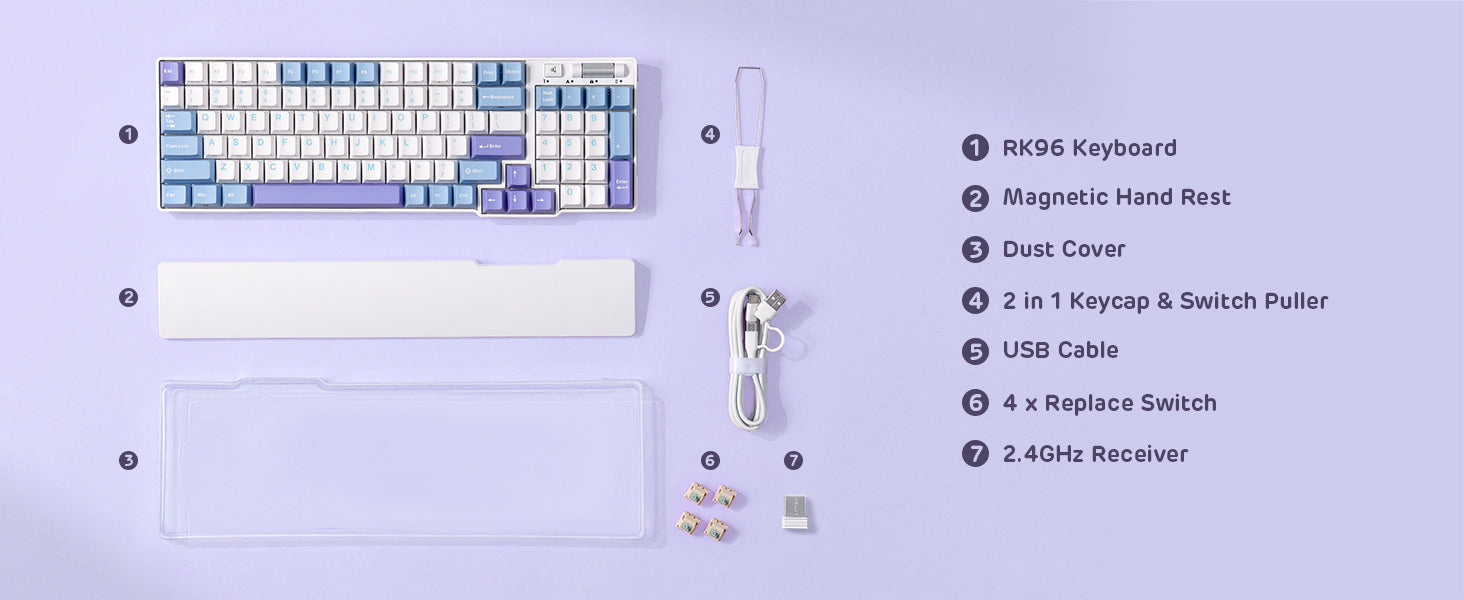 RK ROYAL KLUDGE Mechanical Keyboard RK96, RGB, 2.4Ghz/BT/Wired, Spring Rain Switches, White, Mixed Color