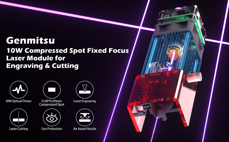 Genmitsu 10W Compressed Spot Laser Module with Air Assist Nozzle, 0.08mm*0.05mm Laser Spot, Min 8.5W Optical Power, for Genmitsu 4040 PRO, 6050 Plus C