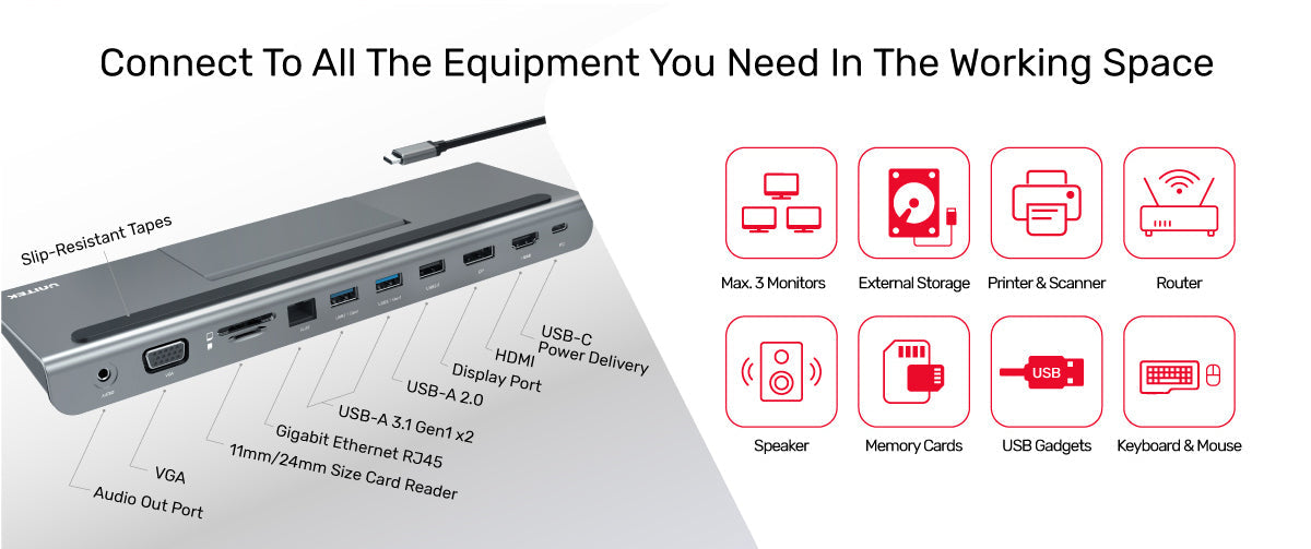 Unitek uHUB 11+ USB3.1 Power Delivery 11 in 1 Docking Station with Triple Display & Foldable Stand
